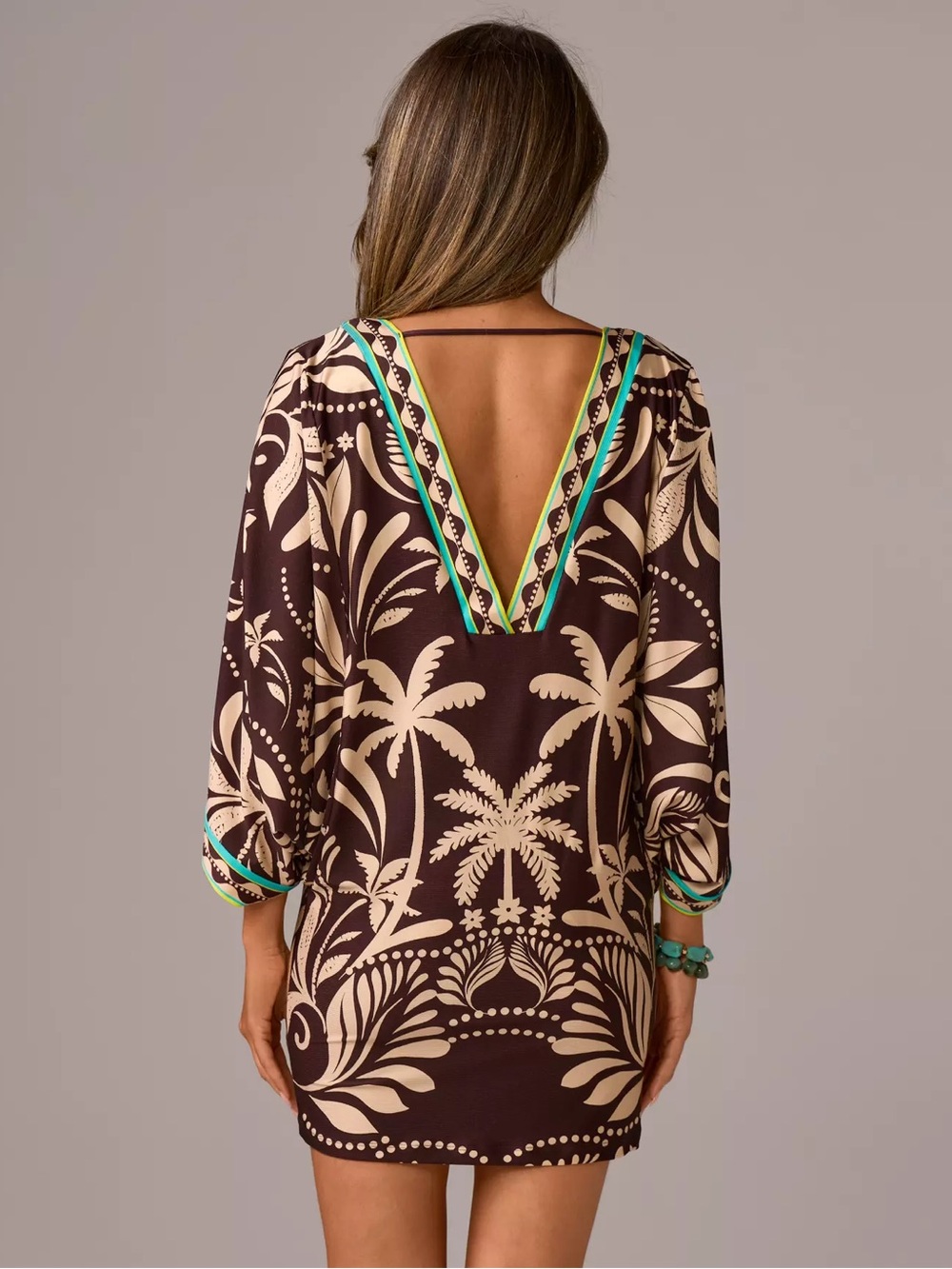 Trina Turk Brown and Cream Palm-Print Swim Coverup with Teal Trim